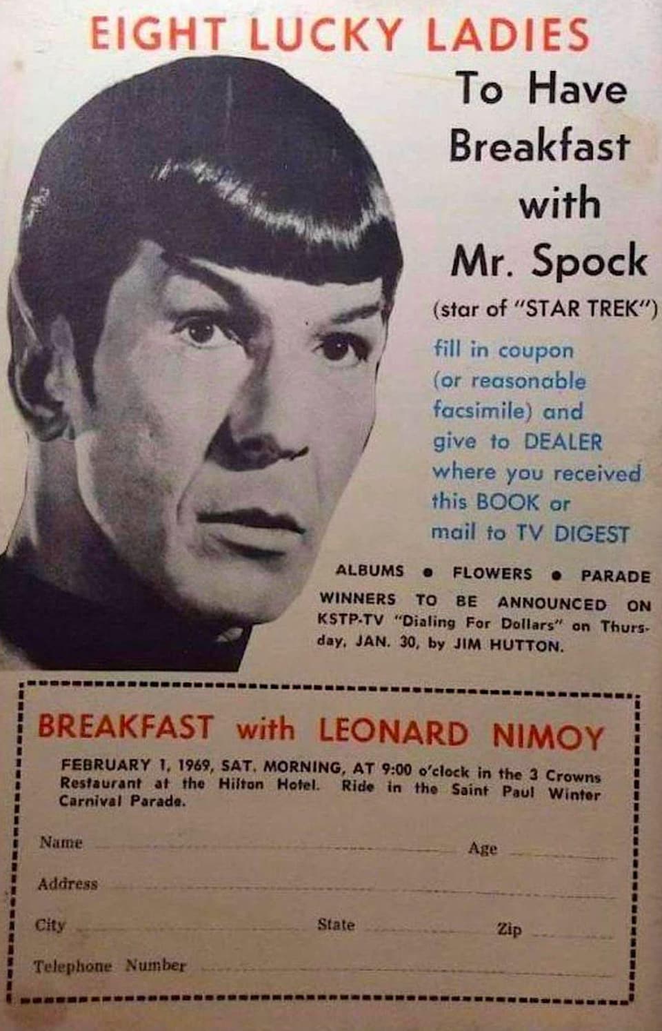 funny spock meme - Eight Lucky Ladies To Have Breakfast with Mr. Spock star of "Star Trek" fill in coupon or reasonable facsimile and give to Dealer where you received this Book or mail to Tv Digest Albums O Flowers 0 Parade Winners To Be Announced On Kst